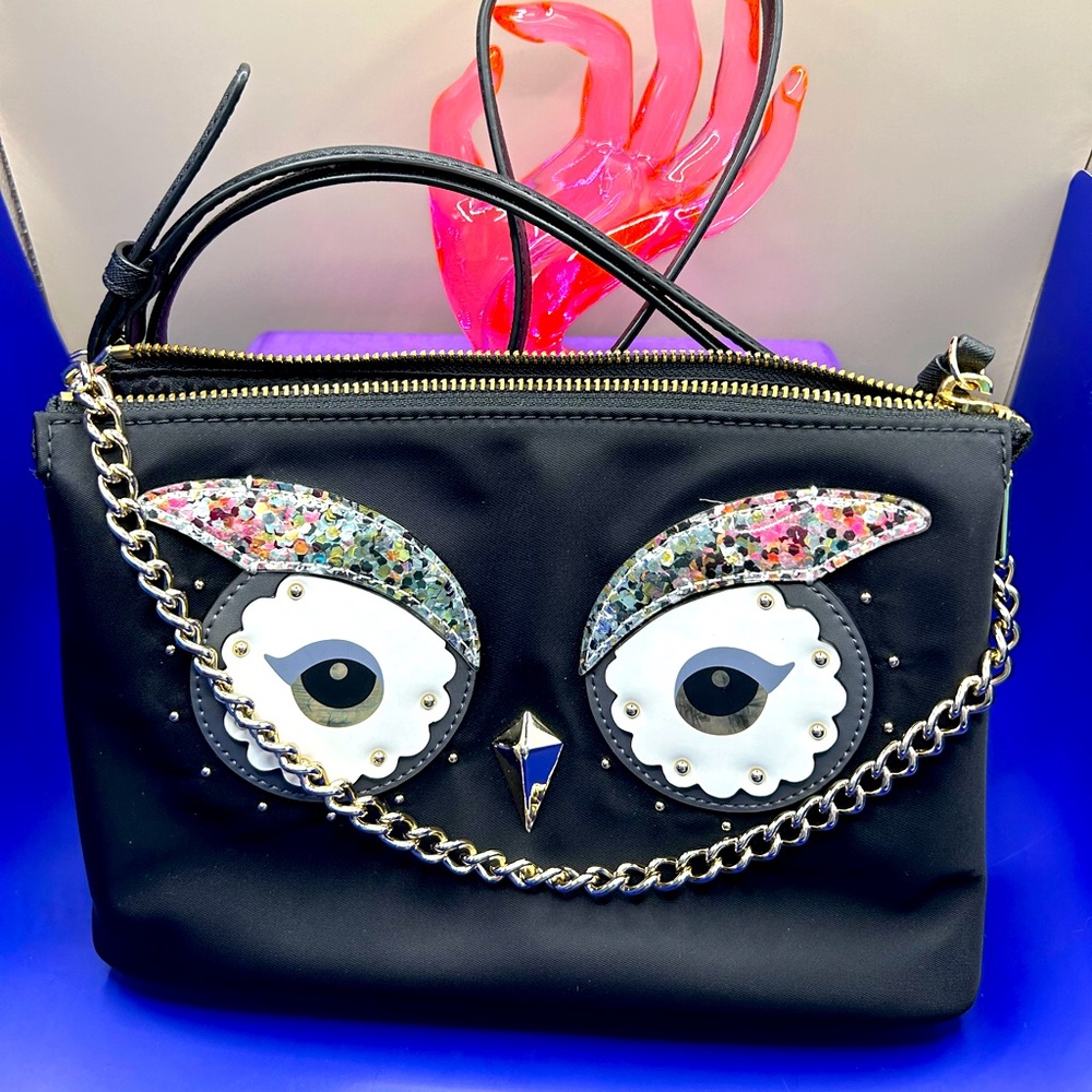 Kate Spade Black Owl Crossbody with detachable Strap and Chain Like New